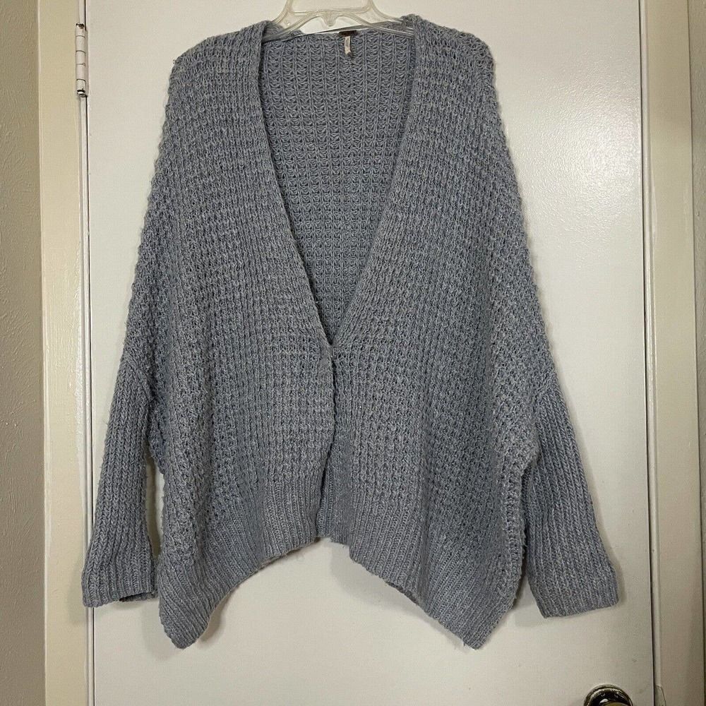 FREE PEOPLE Crochet knit oversized baby blue drop shoulder cardigan sweater XS